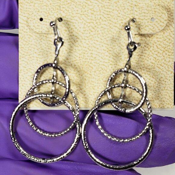 HANNAH Silver-Tone Textured Triple Hoop Drop Earrings – Trendy Statement Jewelry - Picture 9 of 10